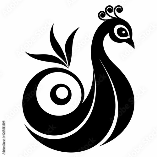 Peacock with swirls on it's tail silhouette vector illustration on white background