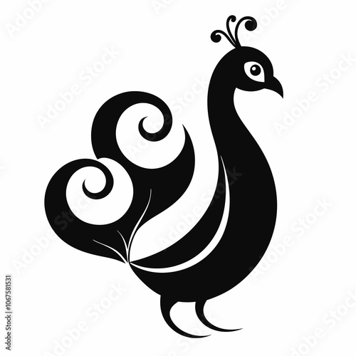 Peacock with swirls on it's tail silhouette vector illustration on white background