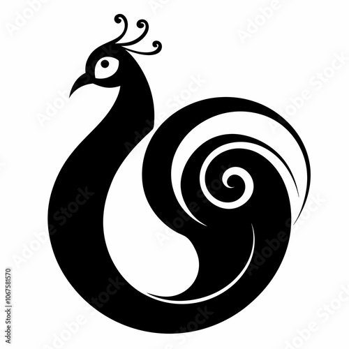 Peacock with swirls on it's tail silhouette vector illustration on white background