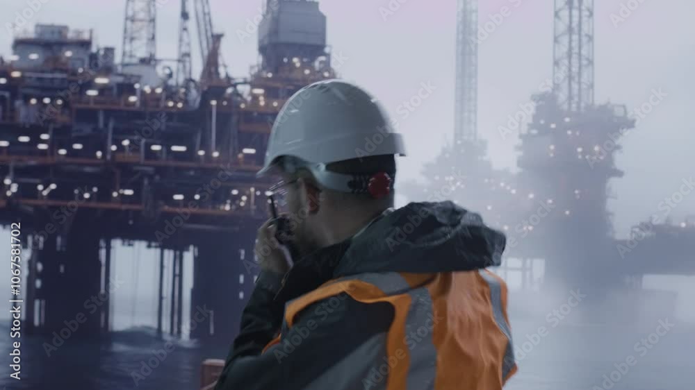 Oil Rig Worker In Safety Gear Monitoring Platform Offshore Industrial Maritime Energy Oil Rig Worker In Safety Gear Monitoring Platform Offshore Industrial Maritime Energy