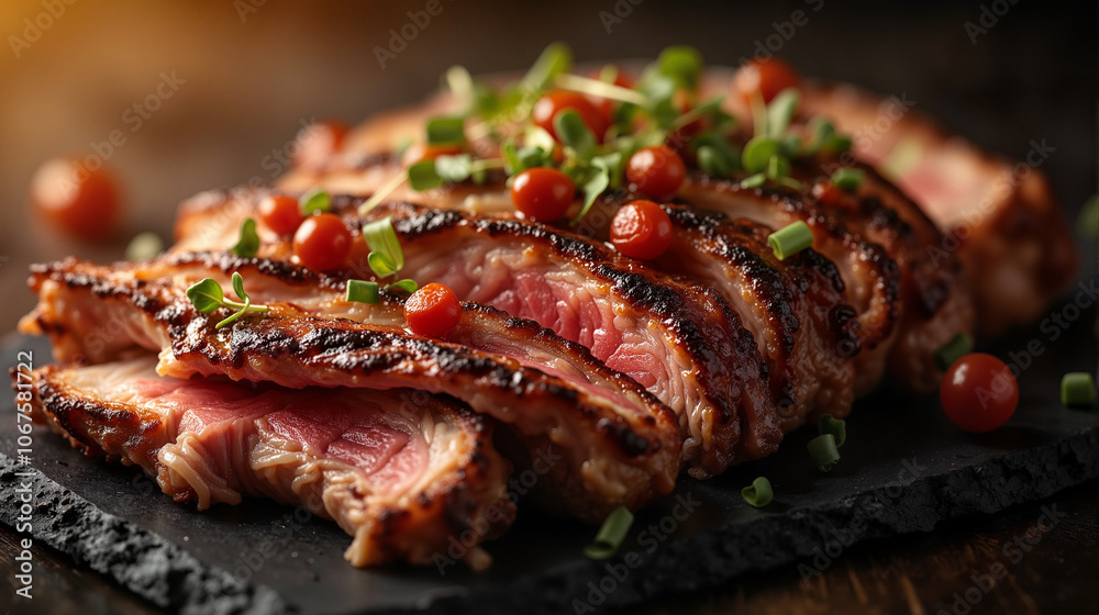 Succulent doner meat slices garnished with cherry tomatoes and herbs on dark slate, gourmet dish Succulent doner meat slices garnished with cherry tomatoes and herbs on dark slate, gourmet dish