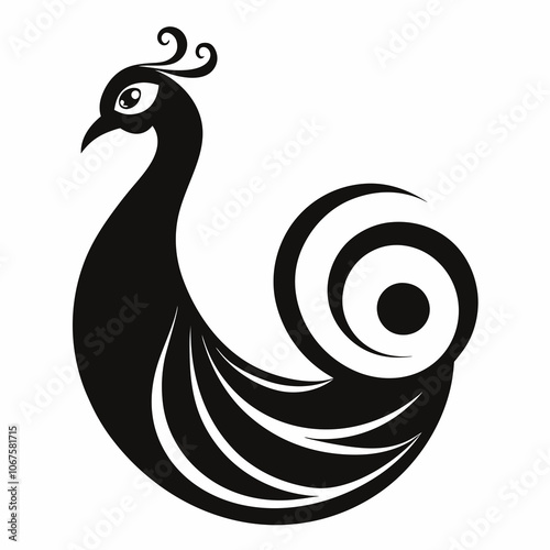 Peacock with swirls on it's tail silhouette vector illustration on white background