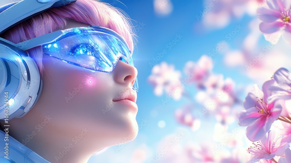 A young woman with virtual reality glasses reflecting cherry blossoms, against a soft blue sky filled with petals. Concept: futuristic and nature connection.