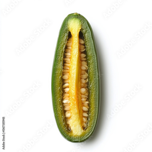 A single jalapeÃ±o with a cut section, isolated on a white background, highlighting a spicy vegetable