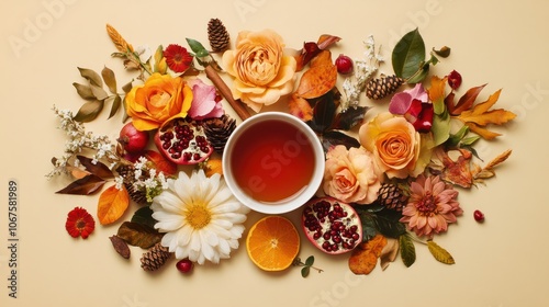 Autumn Flat lay composition. Cup of tea, autumn dry bright leaves, roses flowers, orange circle, cones, decorative pomegranate, cinnamon sticks on brown beige background top view. Autumn, fall concep