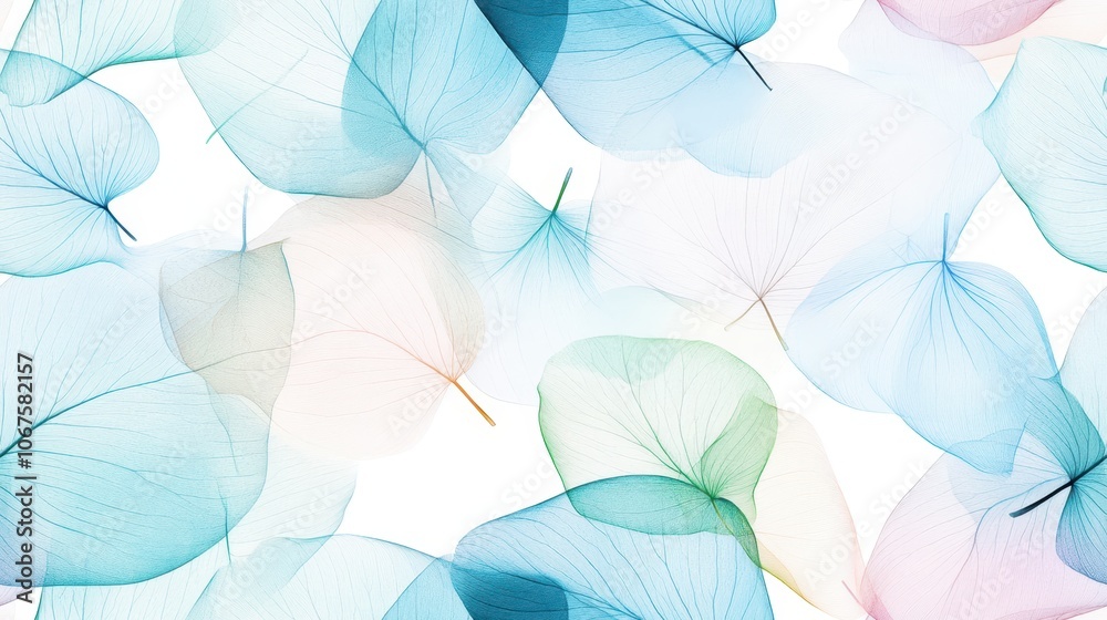 A seamless pattern of delicate pastel leaves in pink, purple, and blue tones, creating a soft and dreamy botanical design.