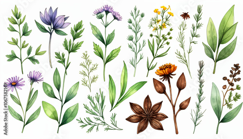 Fototapeta Naklejka Na Ścianę i Meble -  A set featuring hand drawn vector illustrations of herbs, wildflowers, and various spices in a watercolor style._00001_