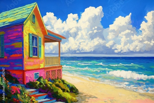 A colorful beach house with a vibrant exterior and a picturesque ocean view. The house sits on a sandy beach with lush green foliage and the sparkling blue ocean in the background. It captures the ess photo