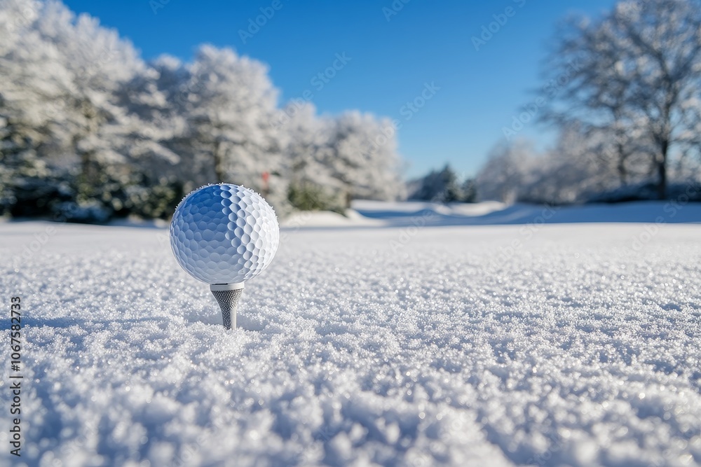 Fototapeta premium A lone golf ball sits on a tee in the snow of a winter golf course, surrounded by snow-covered trees and a bright blue sky, symbolizing peace, serenity, and the resilience of nature.