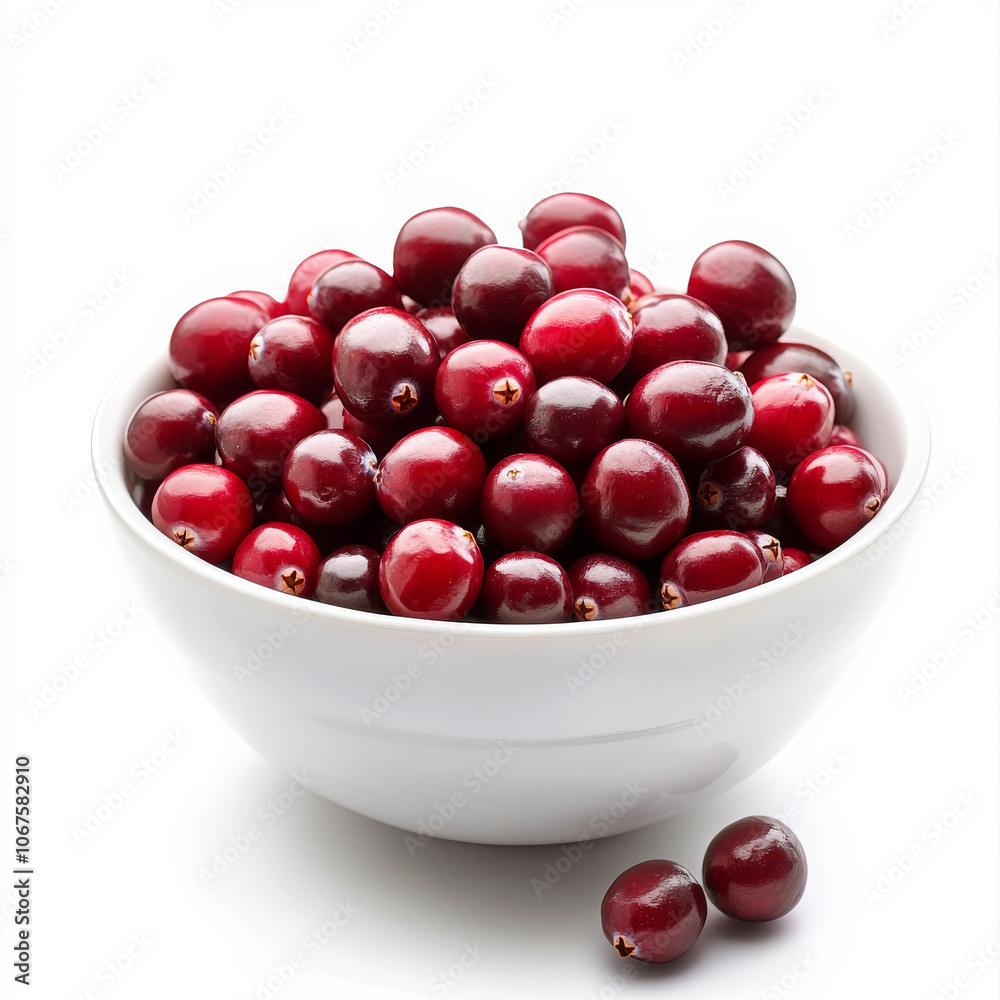 A bowl of fresh cranberries, isolated on a white background, highlighting a tart fruit A bowl of fresh cranberries, isolated on a white background, highlighting a tart fruit