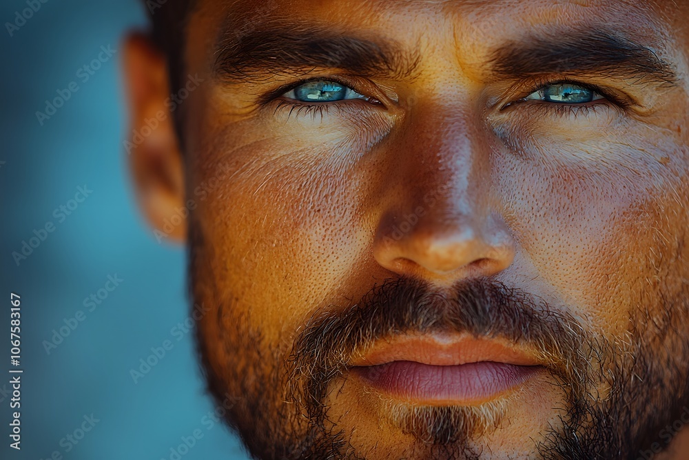 Close-up portrait of a man with intense blue eyes and a beard in natural light Close-up portrait of a man with intense blue eyes and a beard in natural light