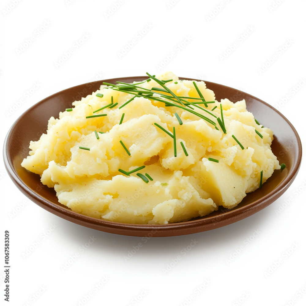 A plate of creamy mashed potatoes with chives, isolated on a white background, showcasing a comforting side dish A plate of creamy mashed potatoes with chives, isolated on a white background, showcasing a comforting side dish