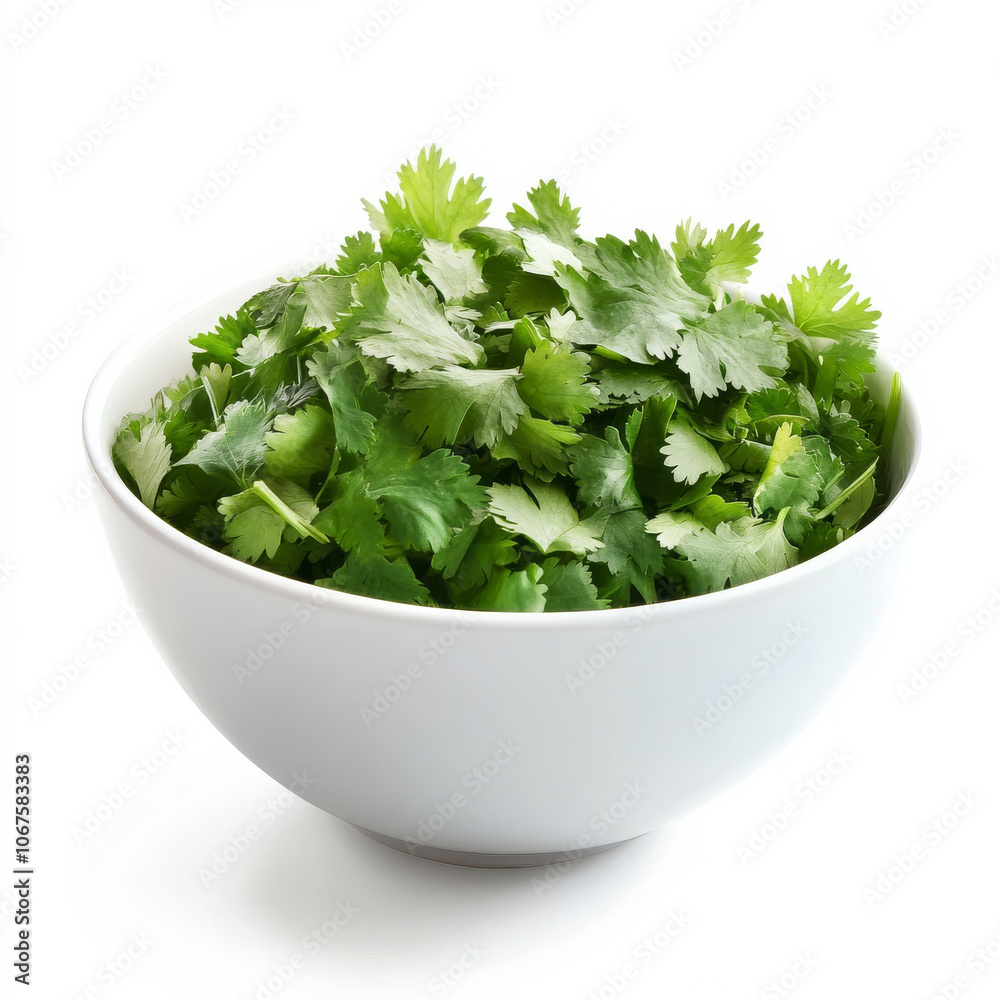 A small bowl of fresh cilantro leaves, isolated on a white background, highlighting a popular herb A small bowl of fresh cilantro leaves, isolated on a white background, highlighting a popular herb