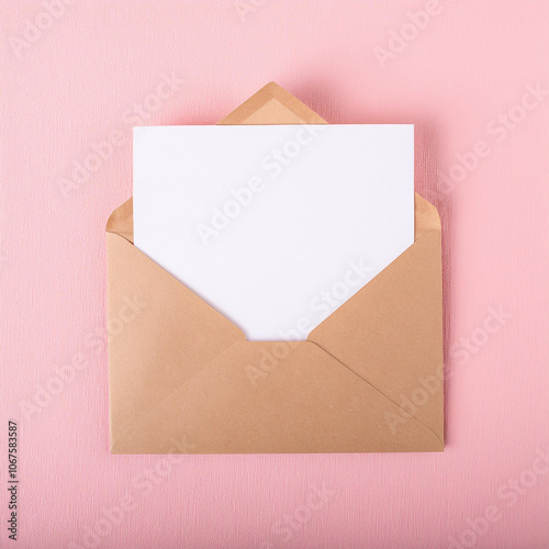 Open envelope with blank card. Mock-up. Top view. Close-up.