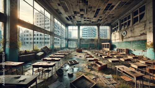 Abandoned school in a post apocalyptic world ? eerie urban decay scene perfect for dystopian themes photo