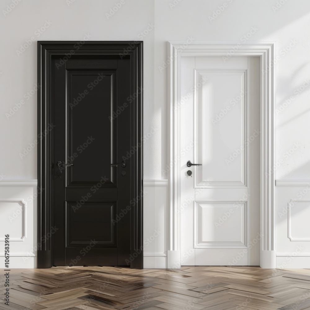 3d rendering of two contrast doors in white and black colors on background of opposite shade. --v 6 Job ID: 9ac878cc-202a-491d-b488-aac9ee390050 3d rendering of two contrast doors in white and black colors on background of opposite shade. --v 6 Job ID: 9ac878cc-202a-491d-b488-aac9ee390050