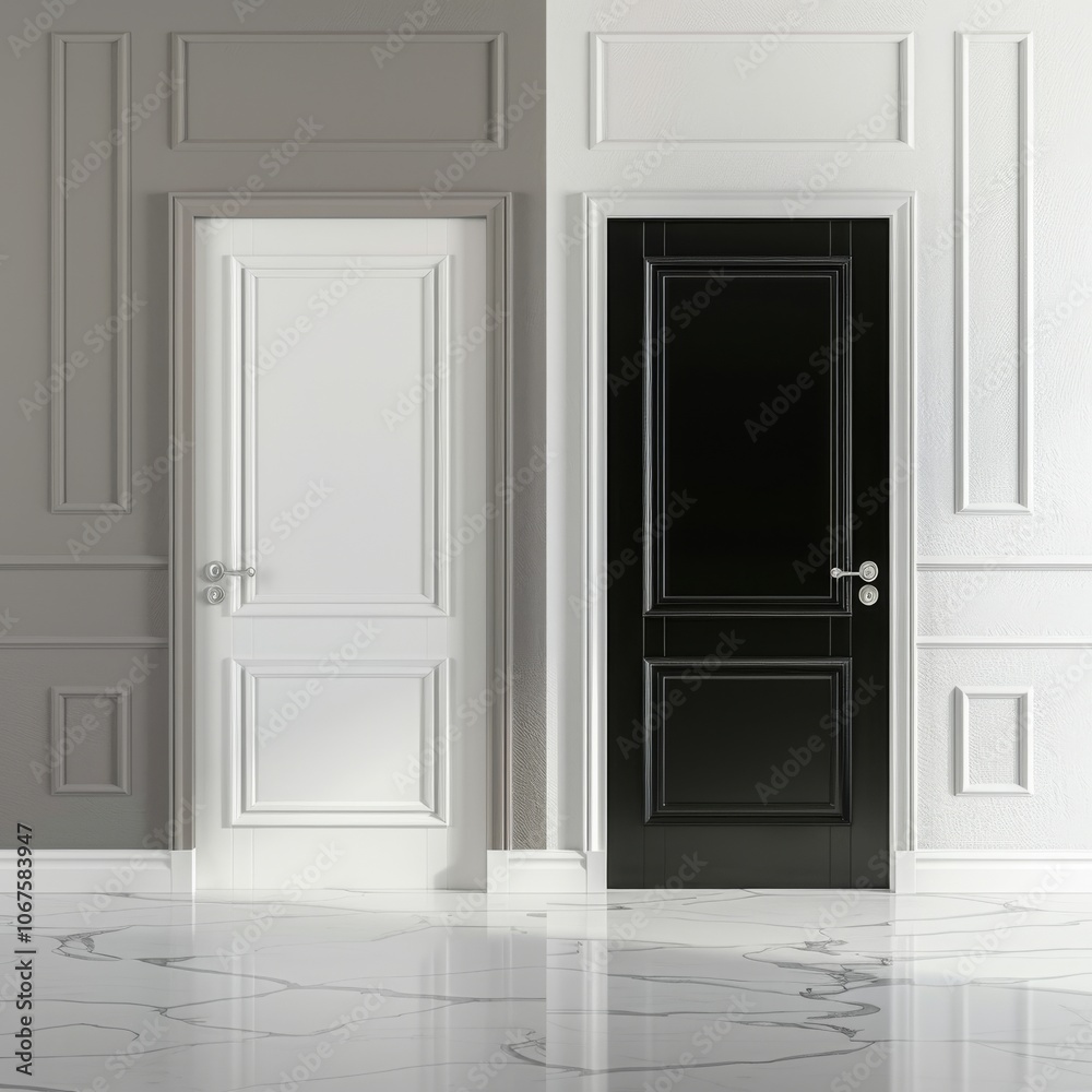 3d rendering of two contrast doors in white and black colors on background of opposite shade. --v 6 Job ID: 9ac878cc-202a-491d-b488-aac9ee390050 3d rendering of two contrast doors in white and black colors on background of opposite shade. --v 6 Job ID: 9ac878cc-202a-491d-b488-aac9ee390050