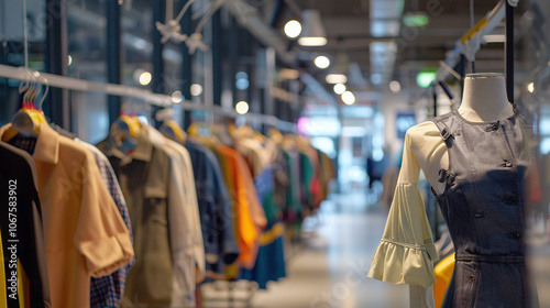 A serene afternoon in a boutique showcasing vibrant clothing displays with a mannequin featured prominently in the center, inviting customers to explore unique fashion choices