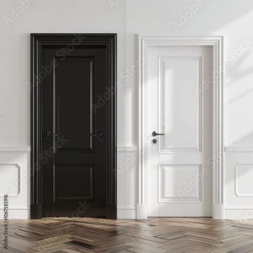 3d rendering of two contrast doors in white and black colors on background of opposite shade. --v 6 Job ID: 9ac878cc-202a-491d-b488-aac9ee390050