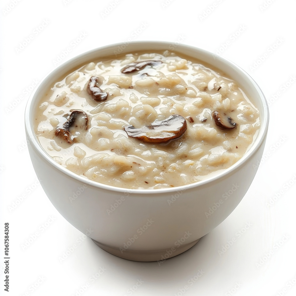 A bowl of creamy risotto with mushrooms, isolated on a white background, highlighting a savory Italian dish A bowl of creamy risotto with mushrooms, isolated on a white background, highlighting a savory Italian dish