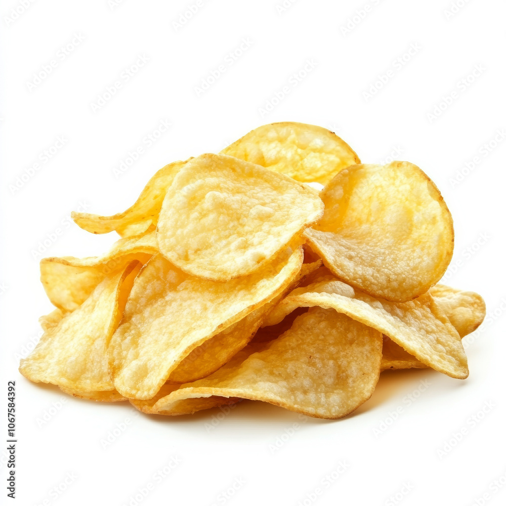 A handful of crunchy potato chips, isolated on a white background, emphasizing a popular salty snack A handful of crunchy potato chips, isolated on a white background, emphasizing a popular salty snack