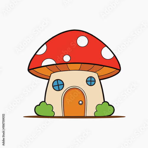 mushrom house with door and windows, decorated with flowers, illustration of red mushroom house on a blue background
