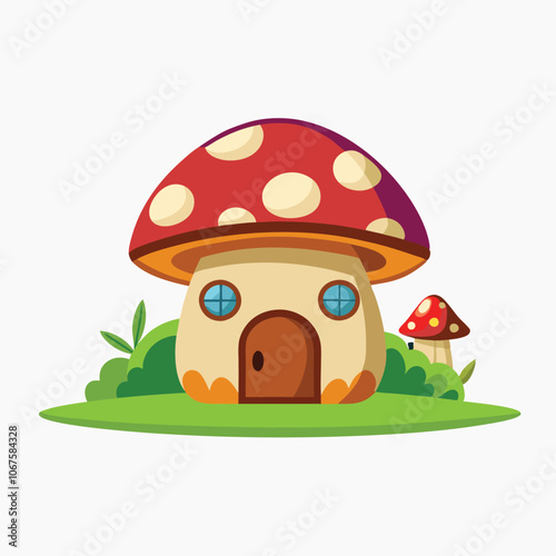 Mushroom house and some grass cartoon style on white background.