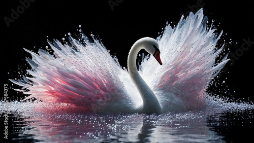 Fototapeta Naklejka Na Ścianę i Meble -  Elegant white and pink swan gracefully gliding across dark waters, radiating beauty and tranquility during a serene evening