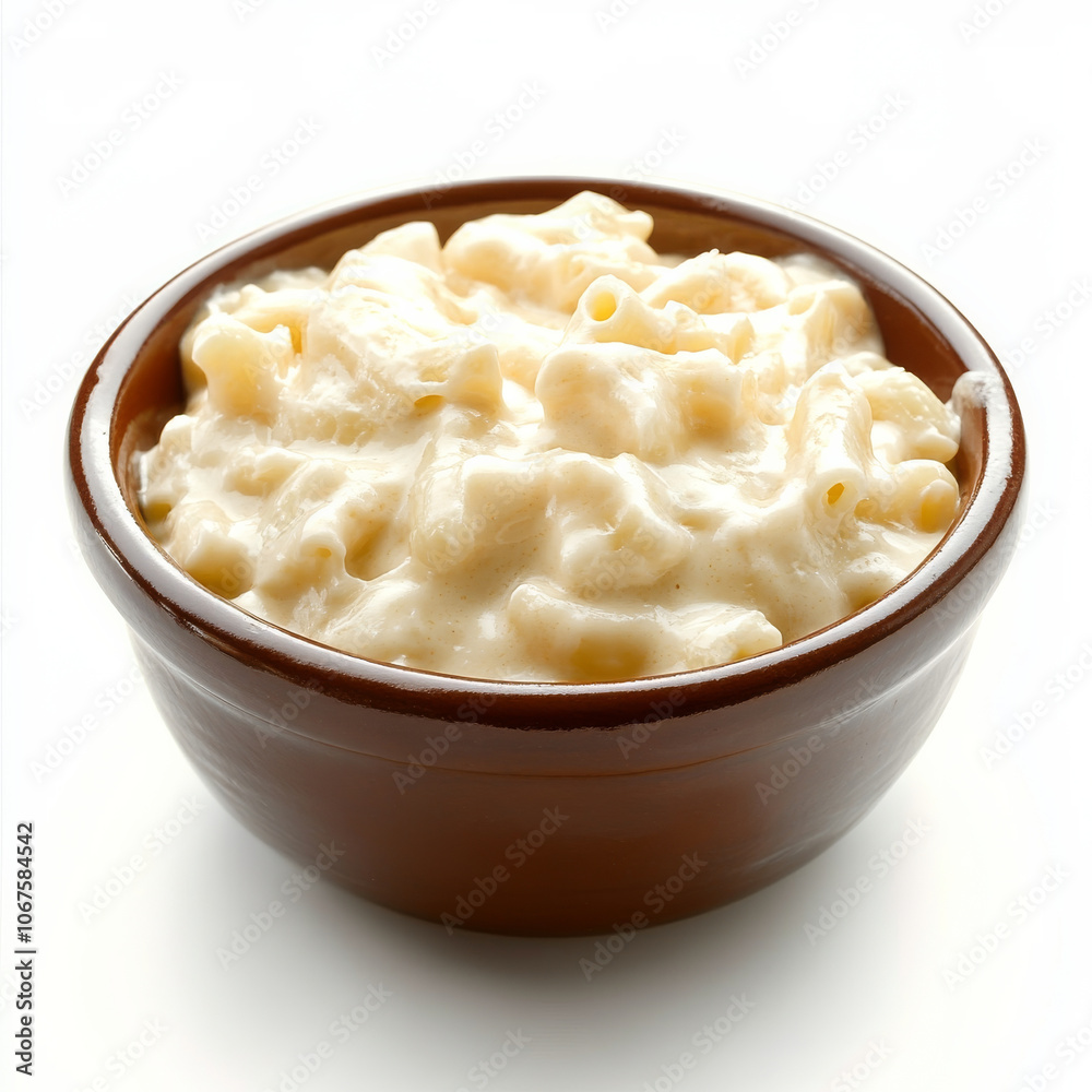 A bowl of creamy mac and cheese, isolated on a white background, emphasizing a classic comfort food A bowl of creamy mac and cheese, isolated on a white background, emphasizing a classic comfort food