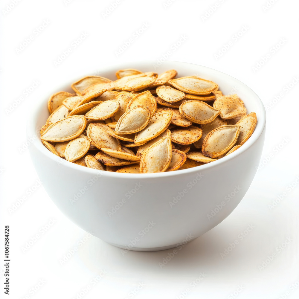 A bowl of roasted pumpkin seeds, isolated on a white background, emphasizing a healthy snack A bowl of roasted pumpkin seeds, isolated on a white background, emphasizing a healthy snack