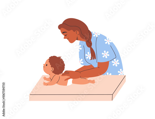 Woman therapist on diaper table making massage to baby, vector infant back treatment and newborn health care therapy