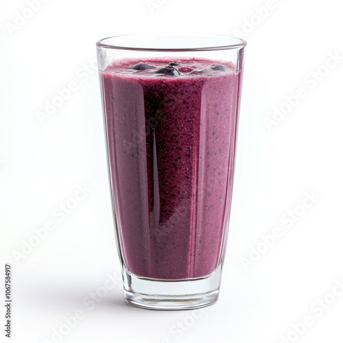 A glass of blueberry smoothie with visible texture, isolated on a white background, highlighting a fruity drink photo