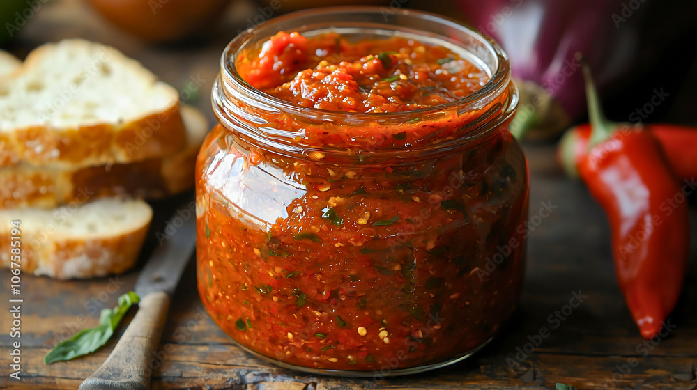 Serbian traditional dish ajvar made from peppers with a touch of eggplant, authentic Serbian ajvar with its traditional taste.