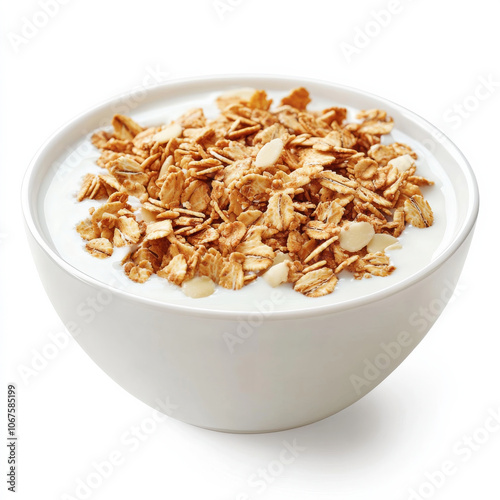 A bowl of granola with milk, isolated on a white background, showcasing a breakfast option