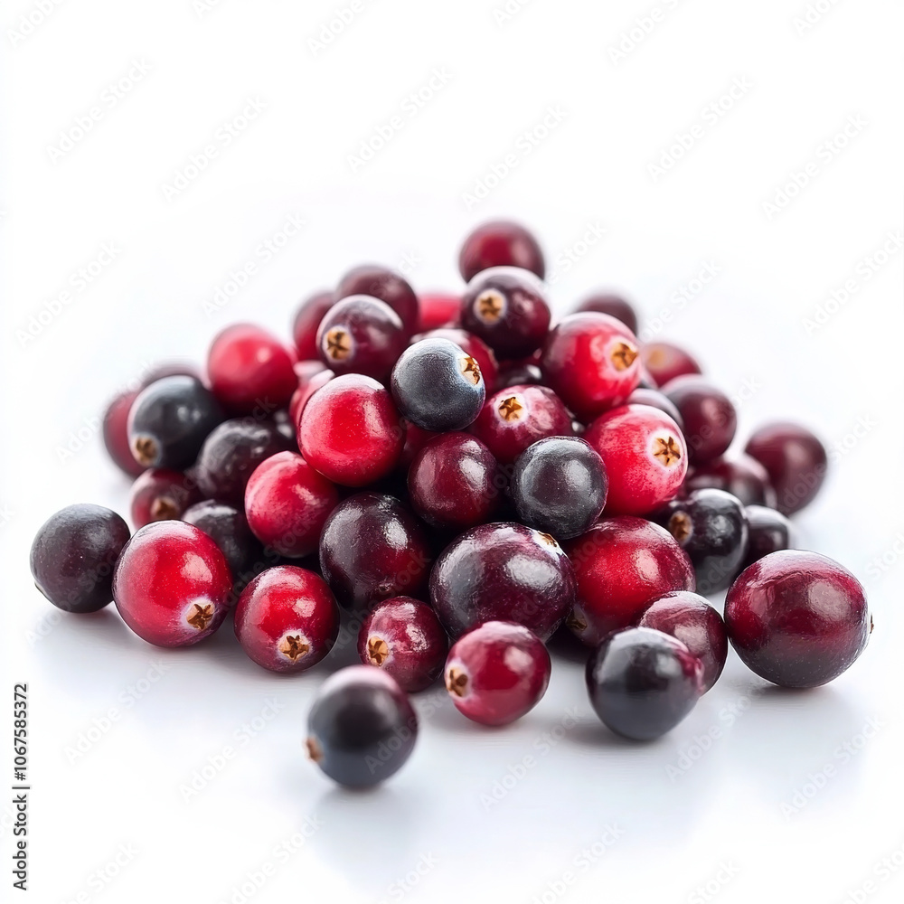 A handful of fresh cranberries, isolated on a white background, highlighting a tart and colorful fruit A handful of fresh cranberries, isolated on a white background, highlighting a tart and colorful fruit
