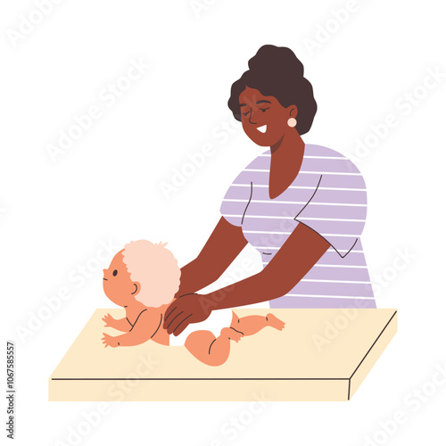 Pediatrician woman gently massages the back of a baby.