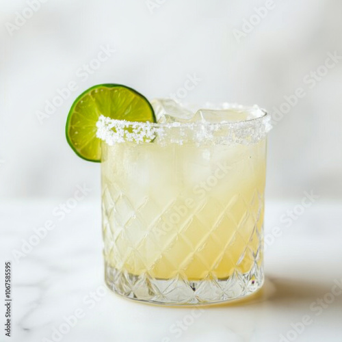 A glass of lime margarita with a salted rim, isolated on a white background, showcasing a refreshing cocktail