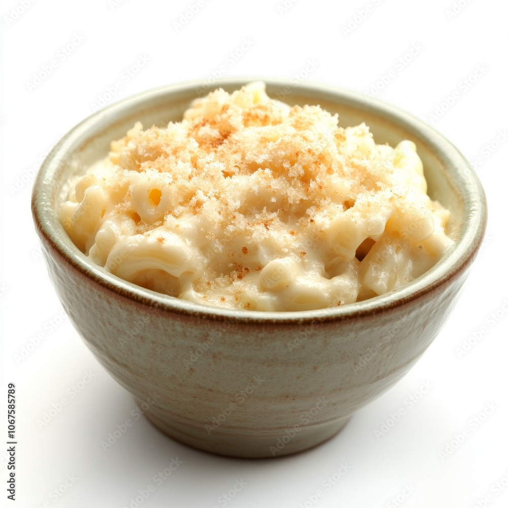A bowl of creamy macaroni and cheese, isolated on a white background, highlighting a comforting side dish A bowl of creamy macaroni and cheese, isolated on a white background, highlighting a comforting side dish