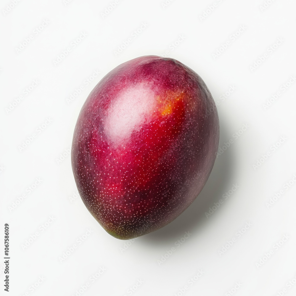Obraz premium A single fresh mango with visible flesh, isolated on a white background, highlighting its tropical sweetness
