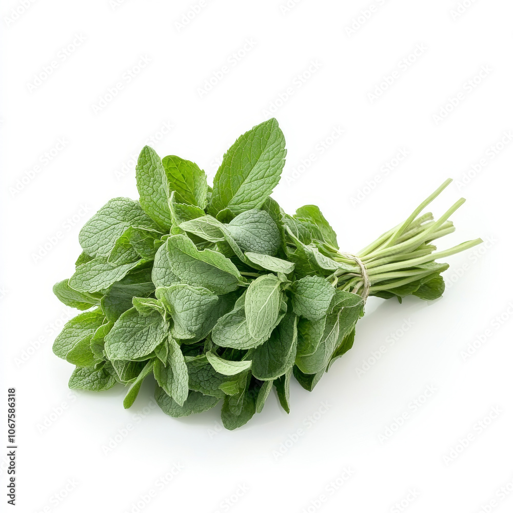 A small bunch of fresh mint leaves, isolated on a white background, highlighting a fragrant herb A small bunch of fresh mint leaves, isolated on a white background, highlighting a fragrant herb