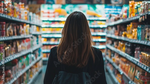 Woman shopping in supermarket aisle filled with products photo