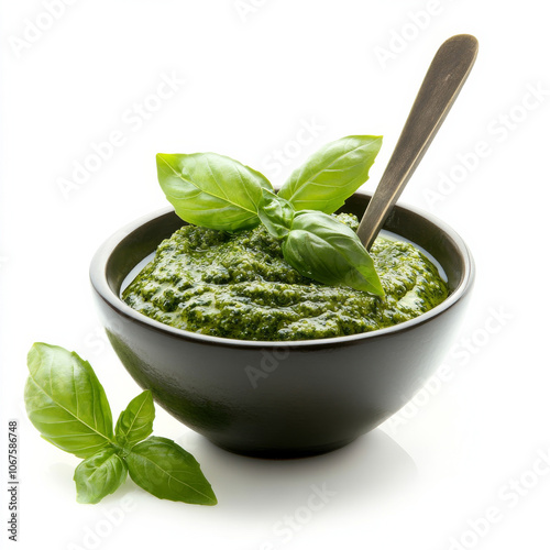 A bowl of fresh basil pesto with a spoon, isolated on a white background, emphasizing a flavorful sauce