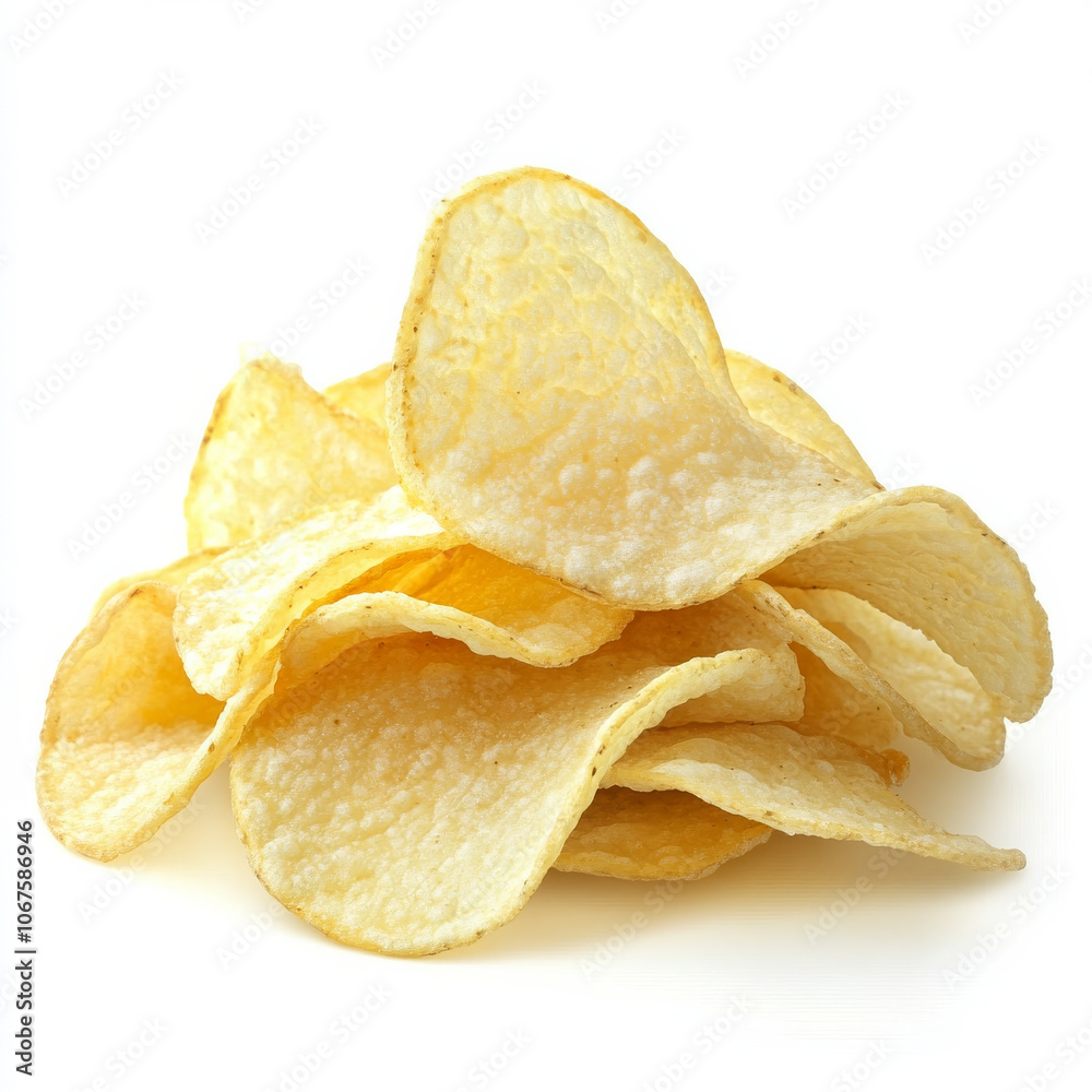 A handful of crunchy potato chips, isolated on a white background, emphasizing a popular salty snack A handful of crunchy potato chips, isolated on a white background, emphasizing a popular salty snack