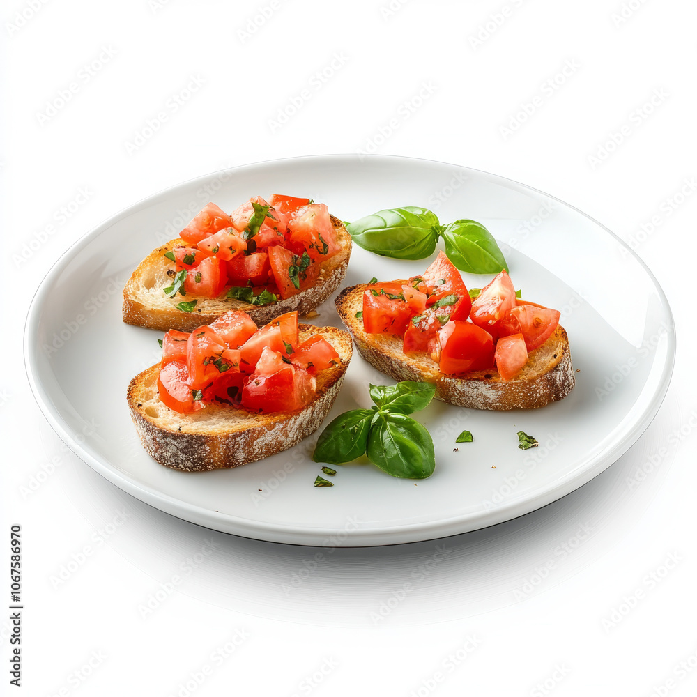 A plate of tomato bruschetta with basil, isolated on a white background, emphasizing an Italian appetizer