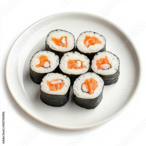 A plate of sushi rolls with soy sauce, isolated on a white background, showcasing Japanese cuisine