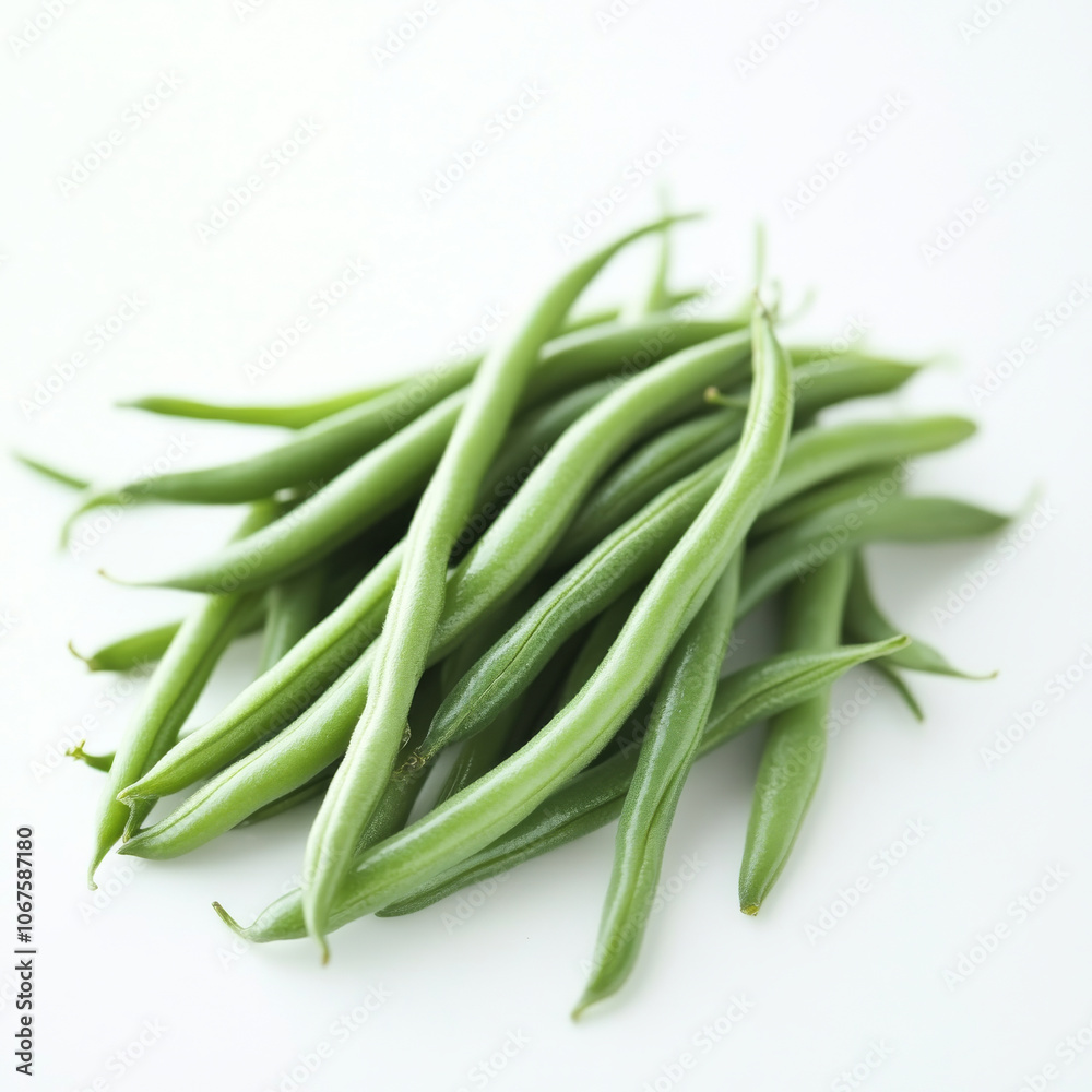 A handful of fresh green beans, isolated on a white background, emphasizing a nutritious vegetable option A handful of fresh green beans, isolated on a white background, emphasizing a nutritious vegetable option