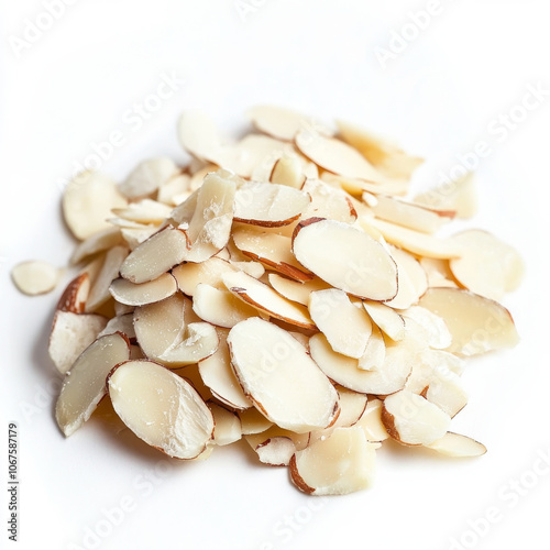 A handful of sliced almonds, isolated on a white background, highlighting a nutritious snack option photo