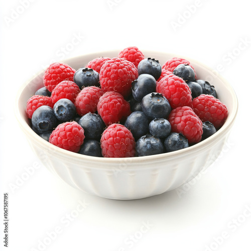 A bowl of fresh raspberries and blueberries, isolated on a white background, highlighting a colorful fruit mix