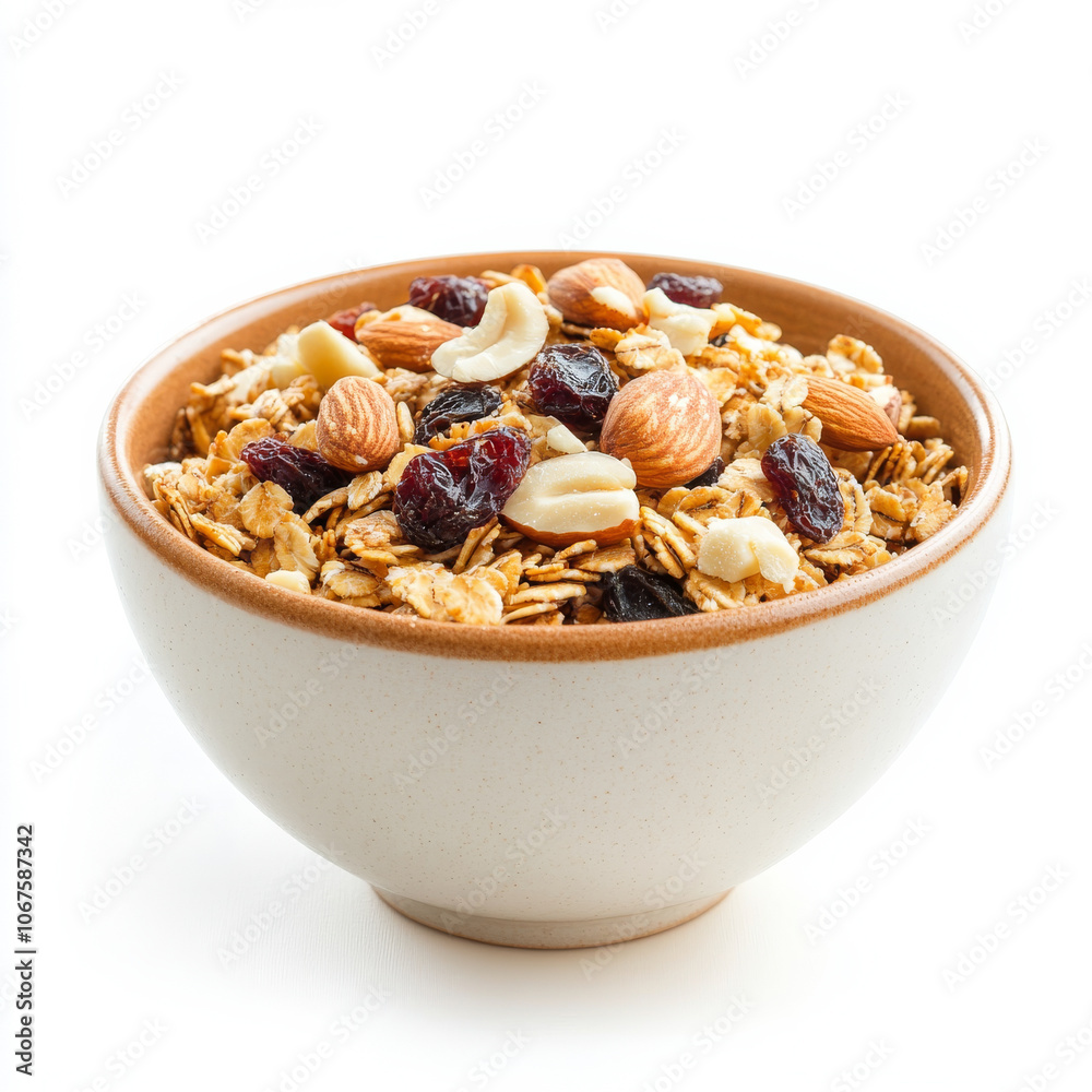 A bowl of fresh granola with nuts and dried fruit, isolated on a white background, emphasizing a crunchy breakfast option A bowl of fresh granola with nuts and dried fruit, isolated on a white background, emphasizing a crunchy breakfast option