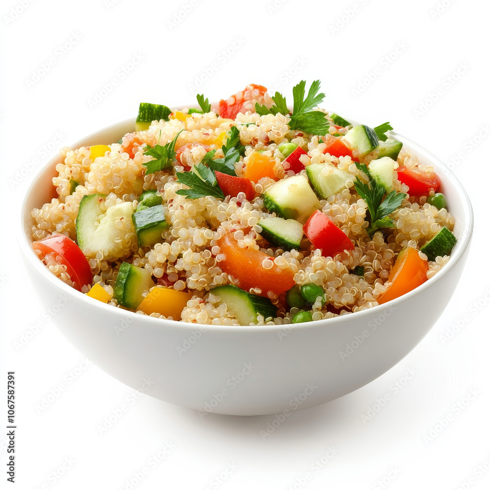 A bowl of quinoa salad with vegetables, isolated on a white background, highlighting a healthy dish A bowl of quinoa salad with vegetables, isolated on a white background, highlighting a healthy dish